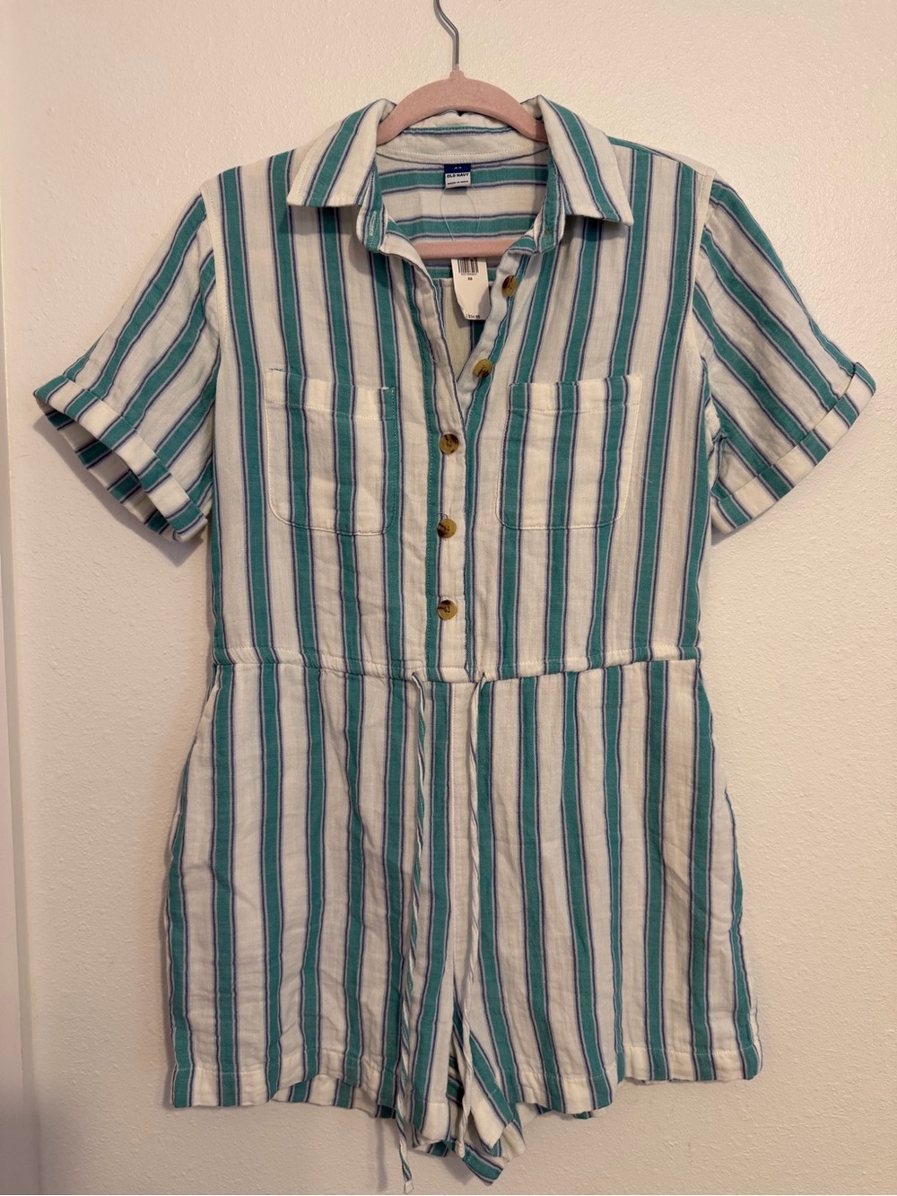 Old Navy Teal & White Striped Button-Front Kids Romper
